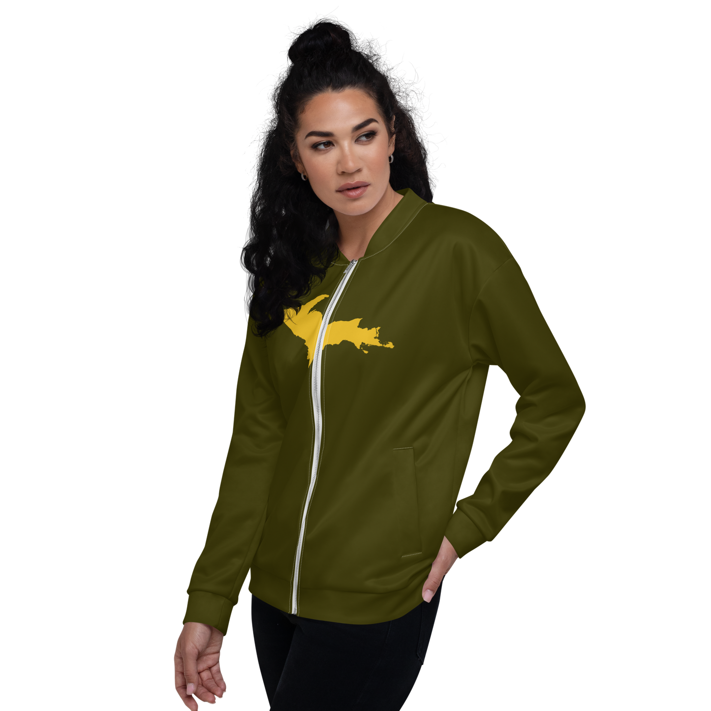 Michigan Upper Peninsula Bomber Jacket (w/ Large Gold UP Outline) | Military Green