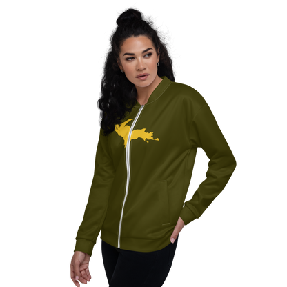 Michigan Upper Peninsula Bomber Jacket (w/ Large Gold UP Outline) | Military Green