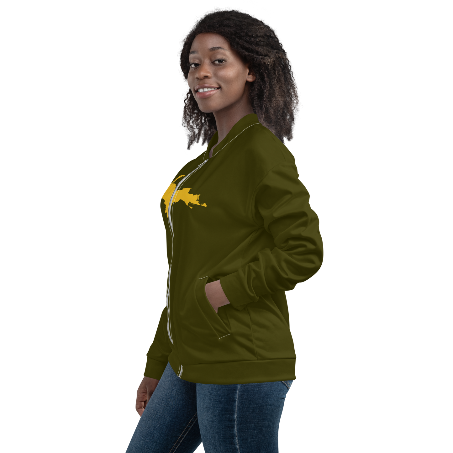 Michigan Upper Peninsula Bomber Jacket (w/ Large Gold UP Outline) | Military Green