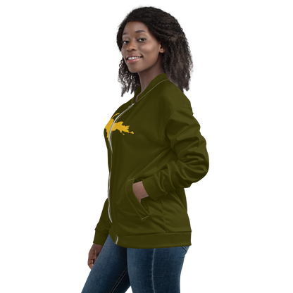 Michigan Upper Peninsula Bomber Jacket (w/ Large Gold UP Outline) | Military Green