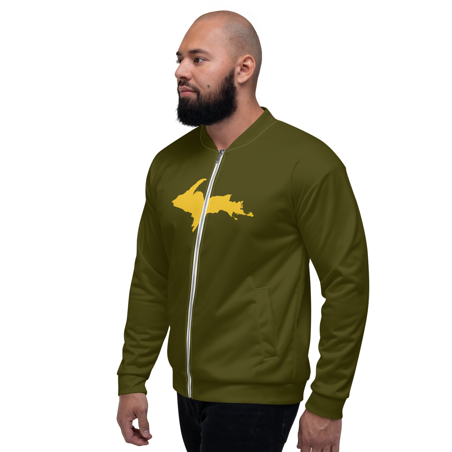 Michigan Upper Peninsula Bomber Jacket (w/ Large Gold UP Outline) | Military Green