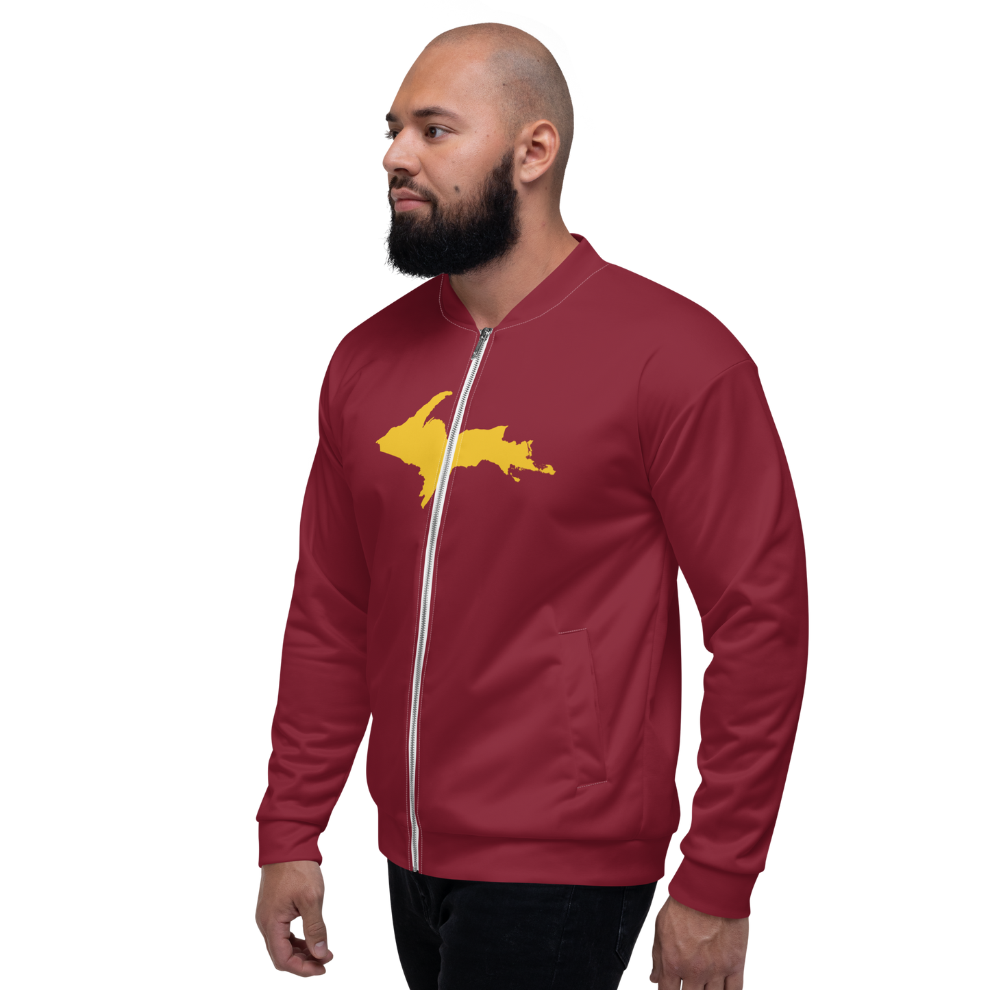 Michigan Upper Peninsula Bomber Jacket (w/ Large Gold UP Outline) | Burgandy