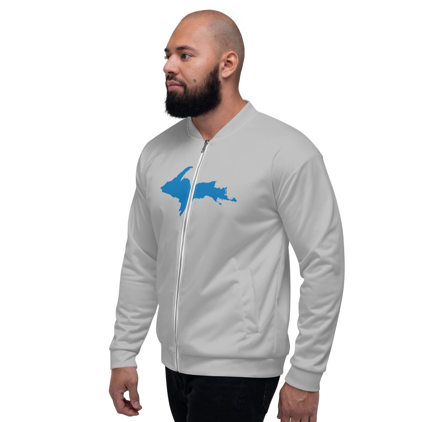 Michigan Upper Peninsula Bomber Jacket (w/ Large Azure UP Outline) | Silver