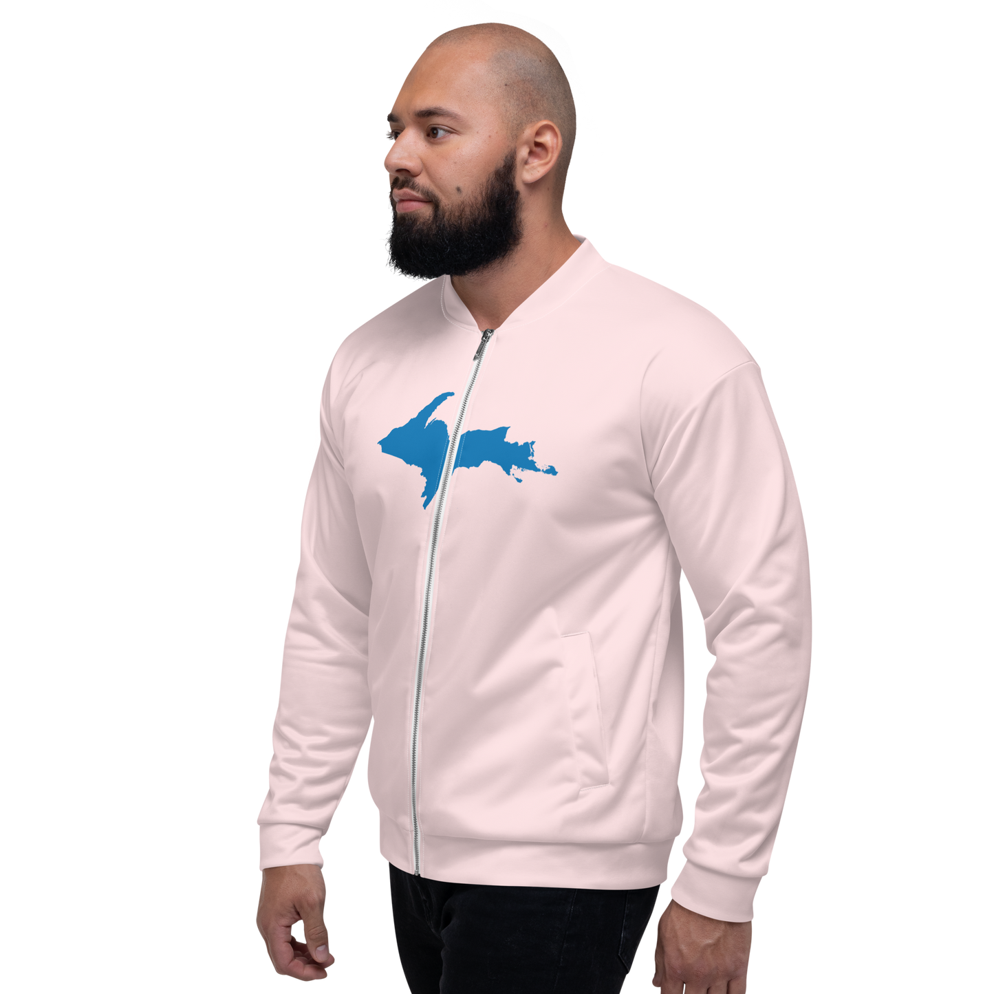 Michigan Upper Peninsula Bomber Jacket (w/ Large Azure UP Outline) | Pale Pink