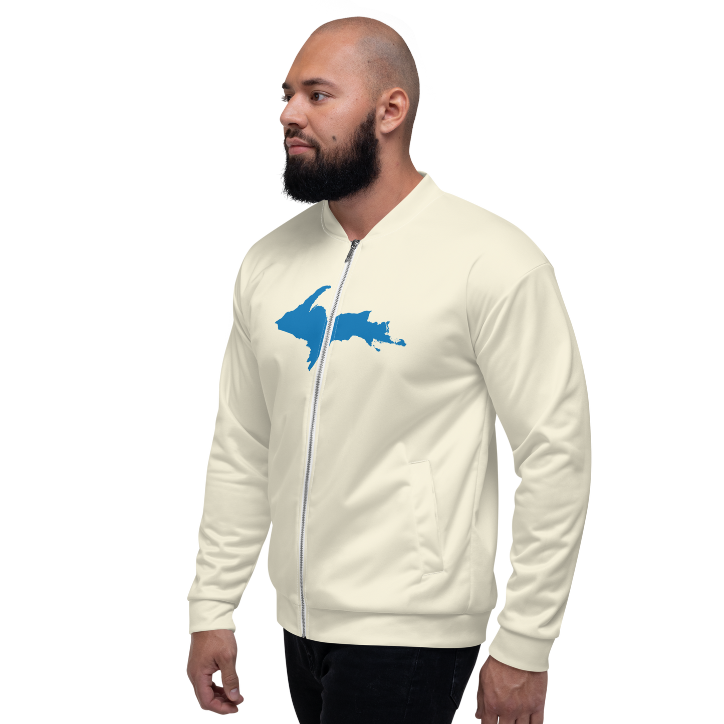 Michigan Upper Peninsula Bomber Jacket (w/ Large Azure UP Outline) | Ivory White