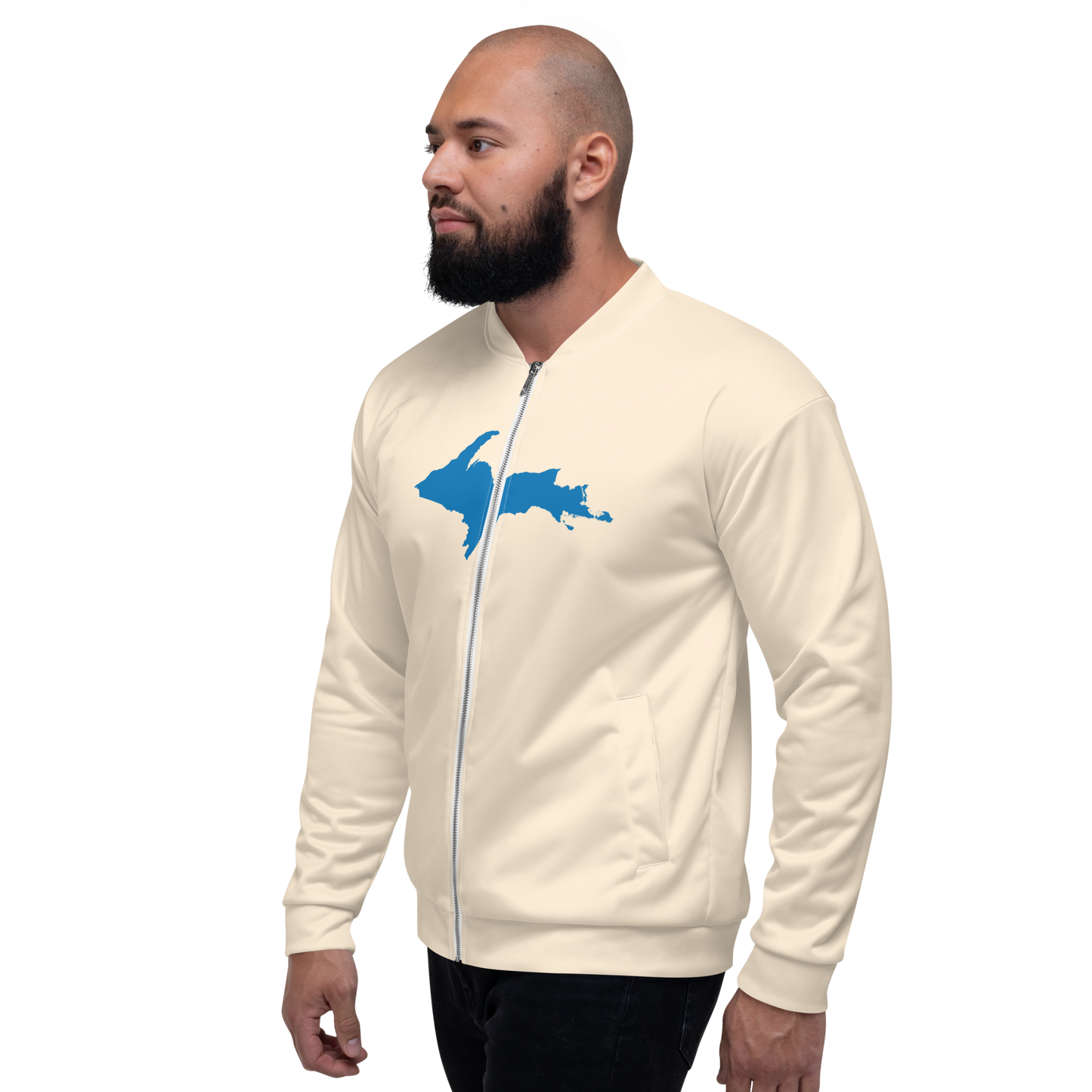 Michigan Upper Peninsula Bomber Jacket (w/ Large Azure UP Outline) | Champagne White