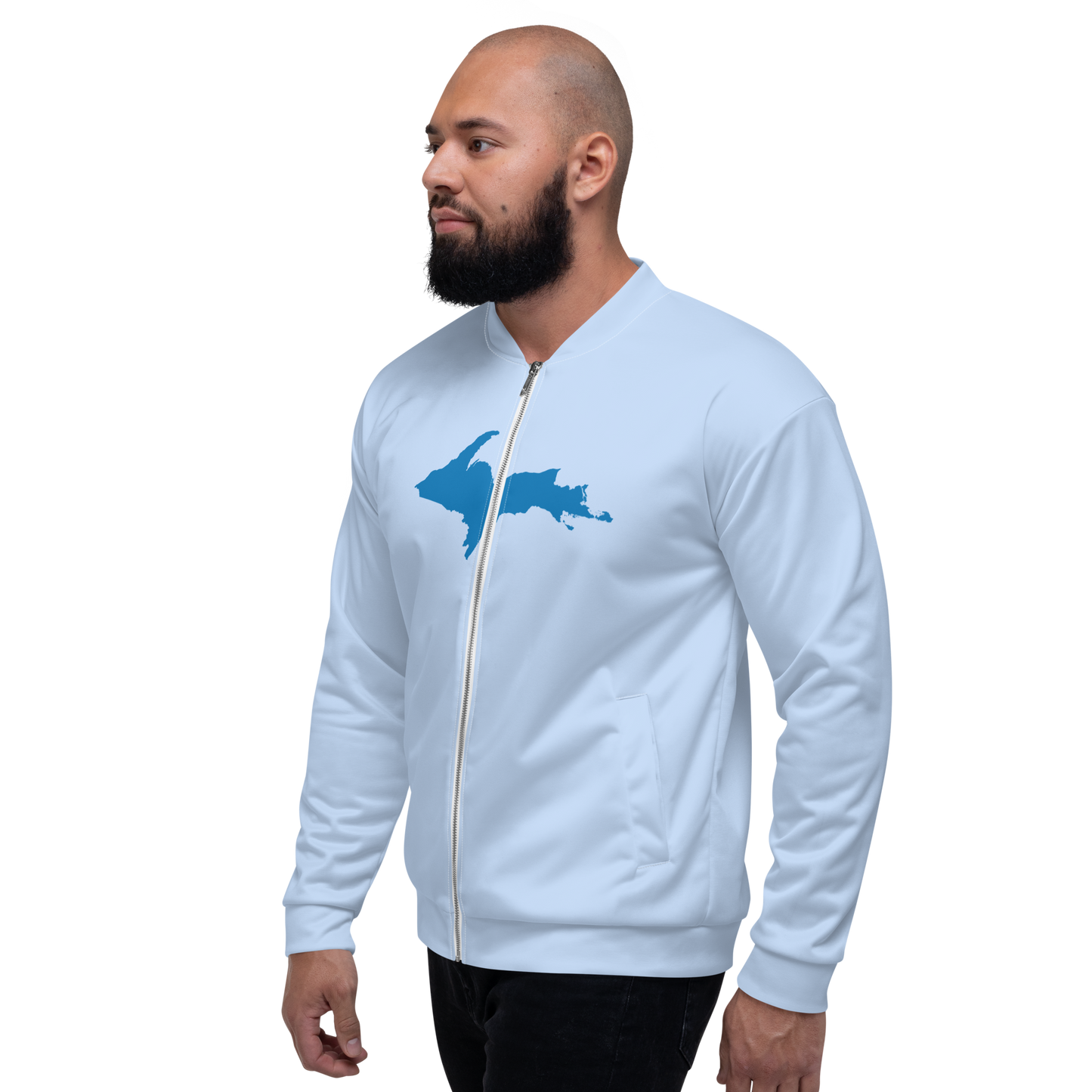 Michigan Upper Peninsula Bomber Jacket (w/ Large Azure UP Outline) | Light Blue