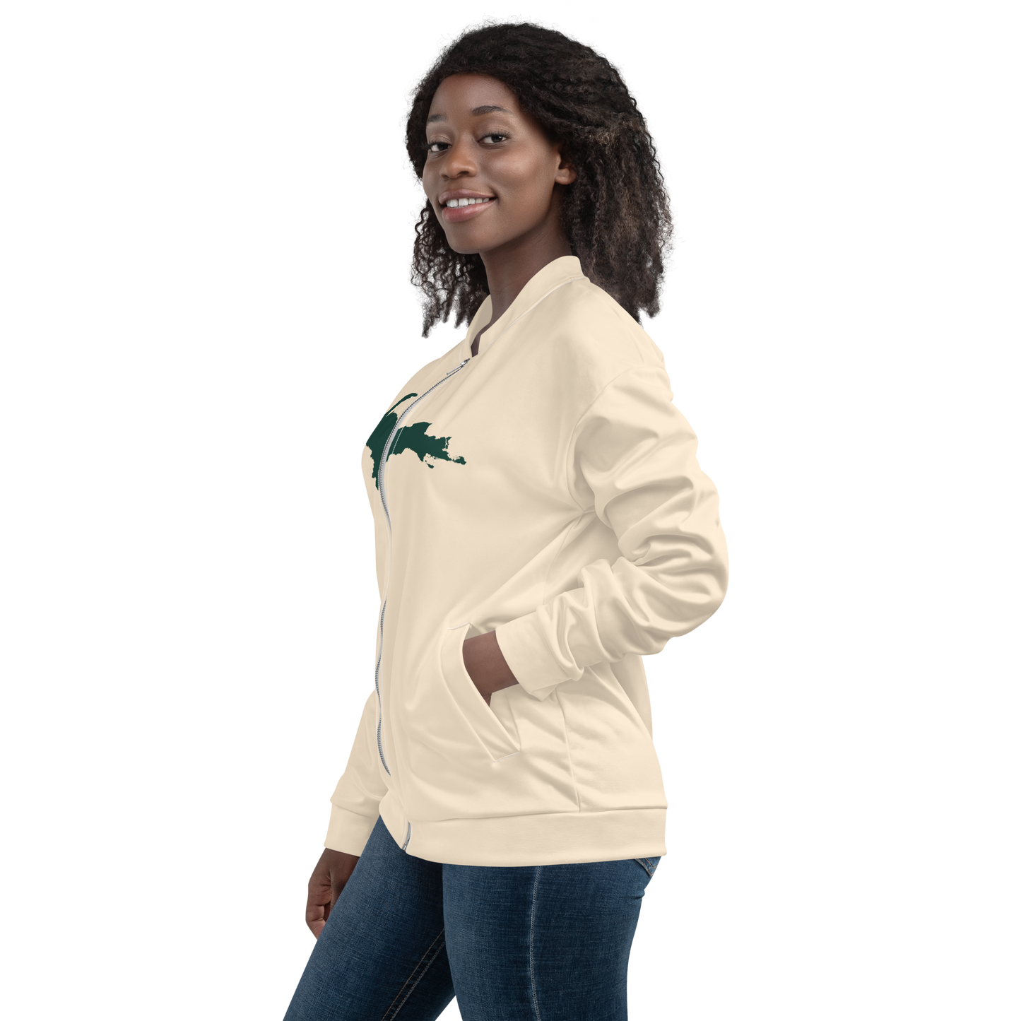 Michigan Upper Peninsula Bomber Jacket (w/ Large Green UP Outline) | Champagne White