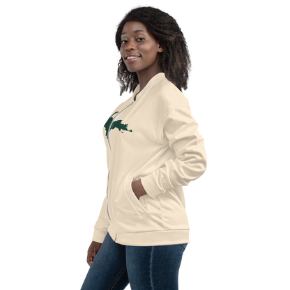 Michigan Upper Peninsula Bomber Jacket (w/ Large Green UP Outline) | Champagne White