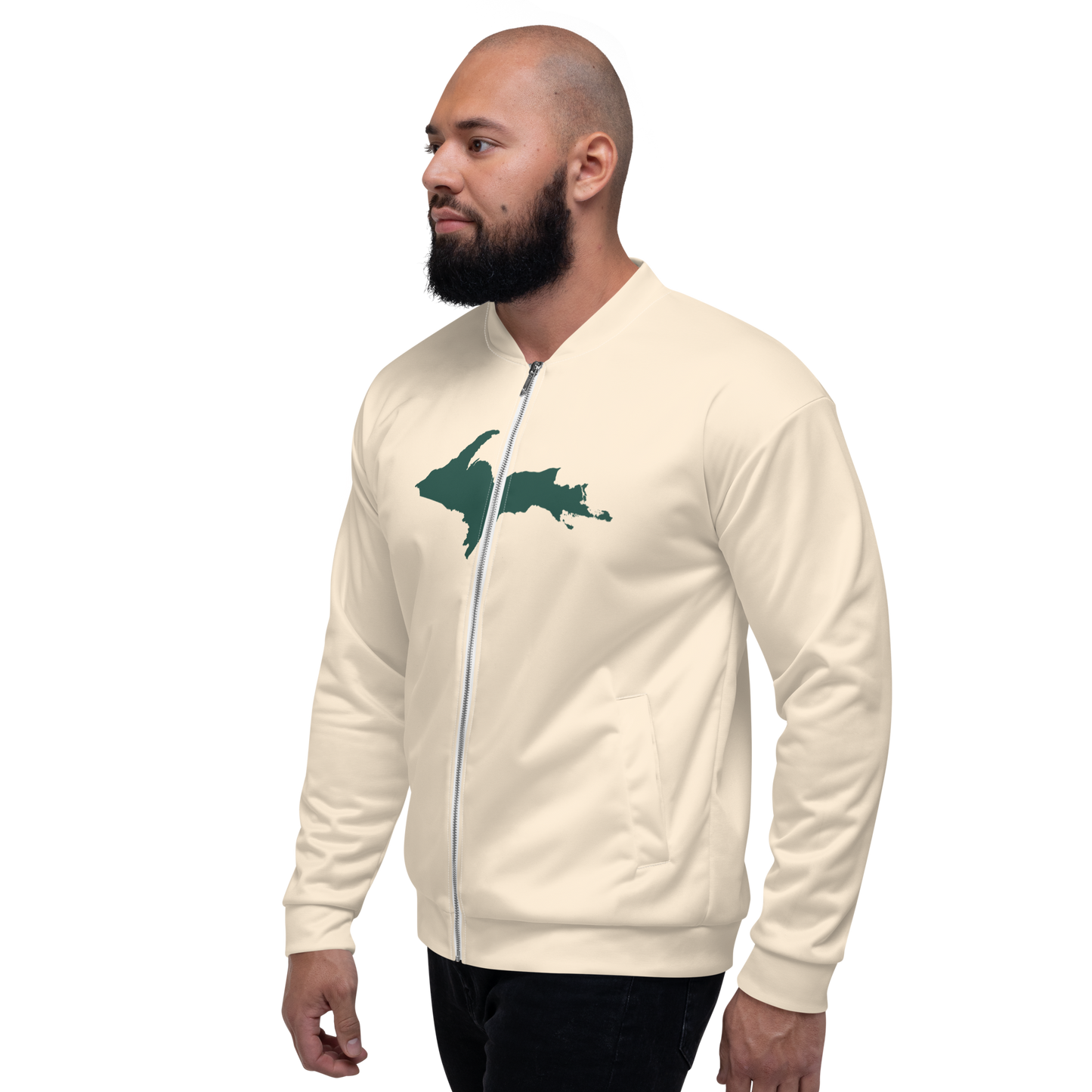 Michigan Upper Peninsula Bomber Jacket (w/ Large Green UP Outline) | Champagne White