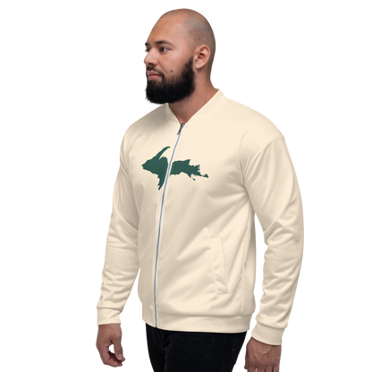 Michigan Upper Peninsula Bomber Jacket (w/ Large Green UP Outline) | Champagne White