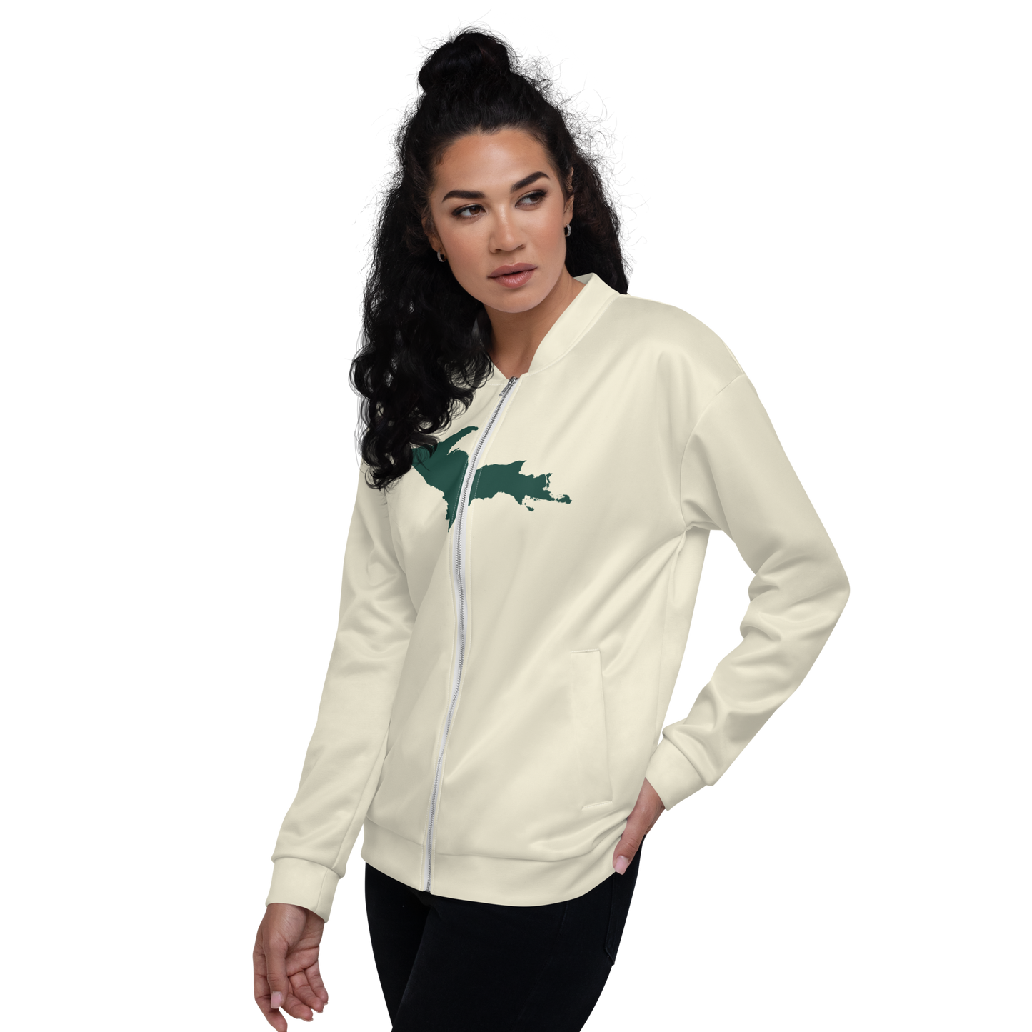 Michigan Upper Peninsula Bomber Jacket (w/ Large Green UP Outline) | Ivory White