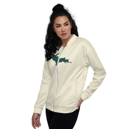 Michigan Upper Peninsula Bomber Jacket (w/ Large Green UP Outline) | Ivory White