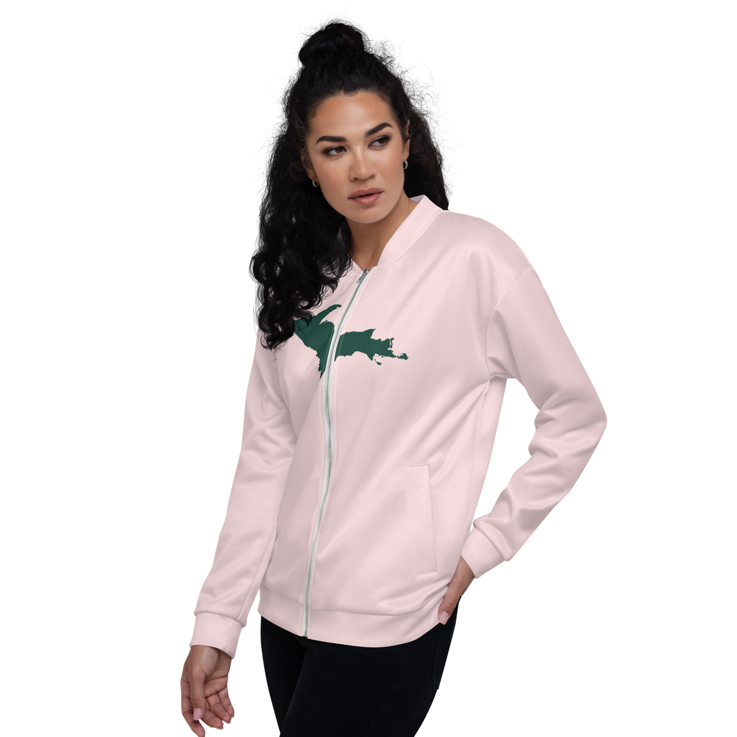 Michigan Upper Peninsula Bomber Jacket (w/ Large Green UP Outline) | Pale Pink