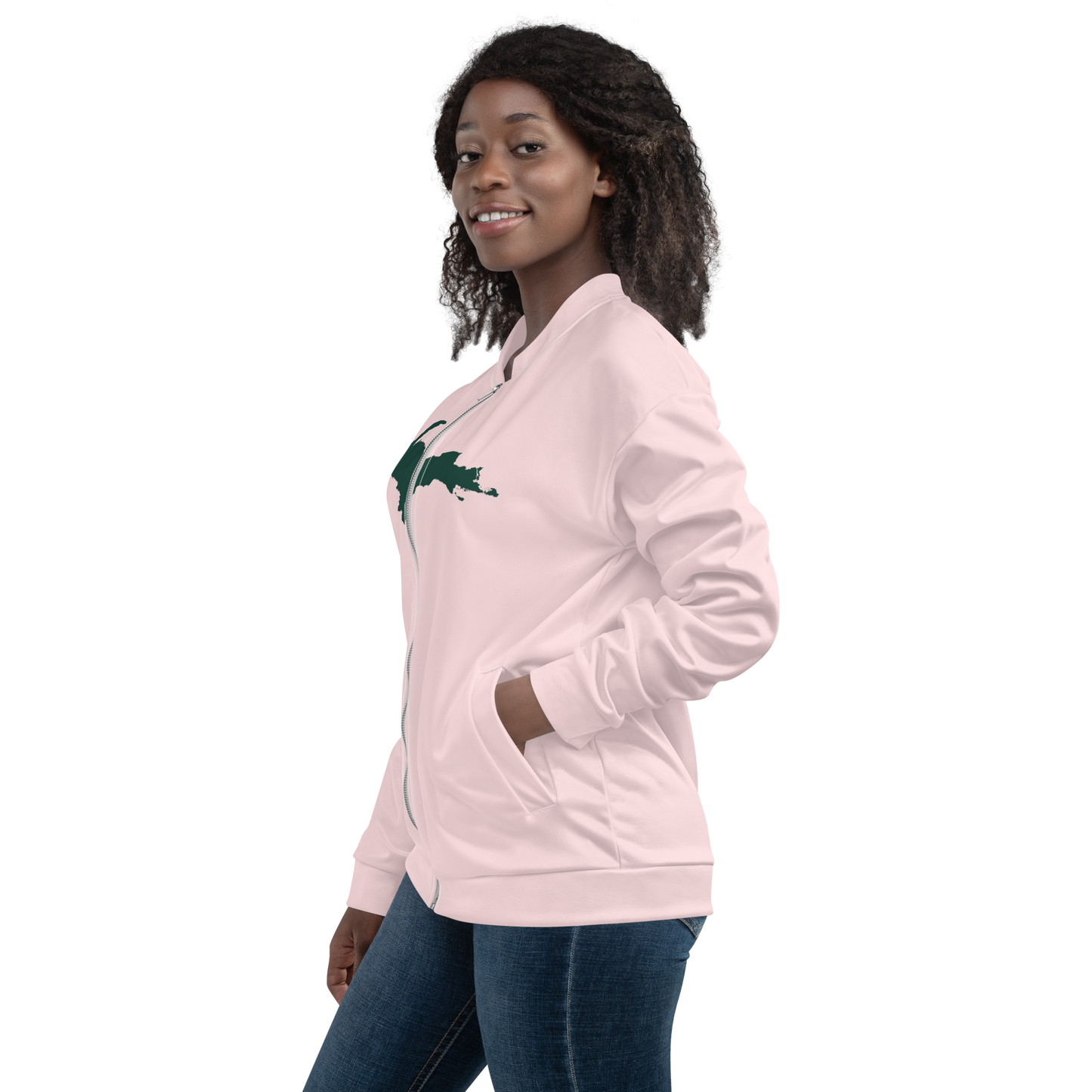 Michigan Upper Peninsula Bomber Jacket (w/ Large Green UP Outline) | Pale Pink