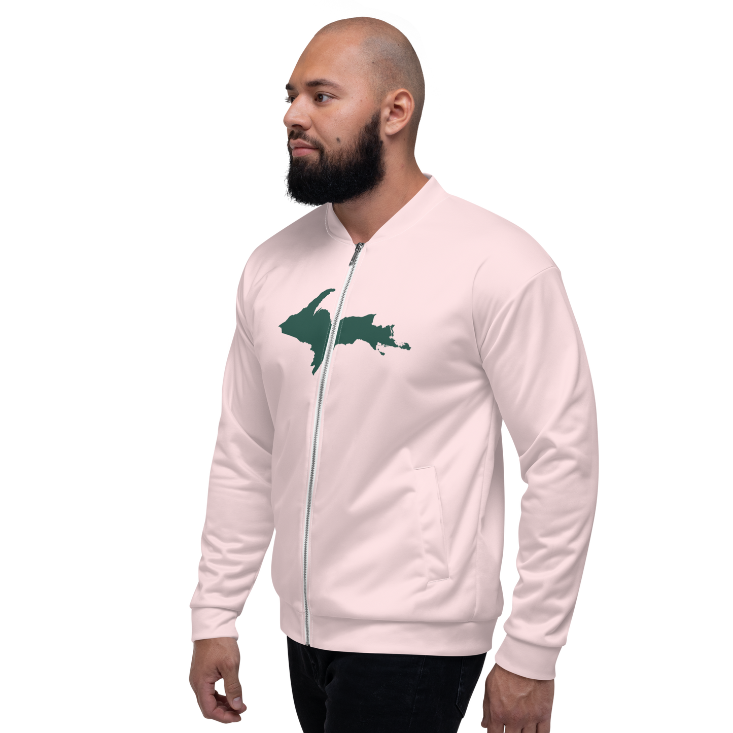 Michigan Upper Peninsula Bomber Jacket (w/ Large Green UP Outline) | Pale Pink