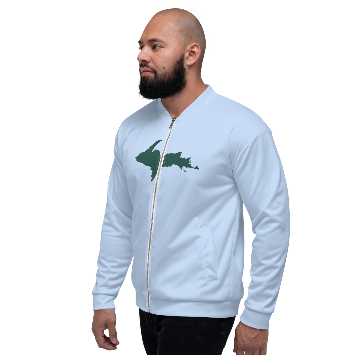 Michigan Upper Peninsula Bomber Jacket (w/ Large Green UP Outline) | Light Blue