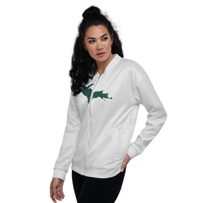 Michigan Upper Peninsula Bomber Jacket (w/ Large Green UP Outline) | Birch Bark White