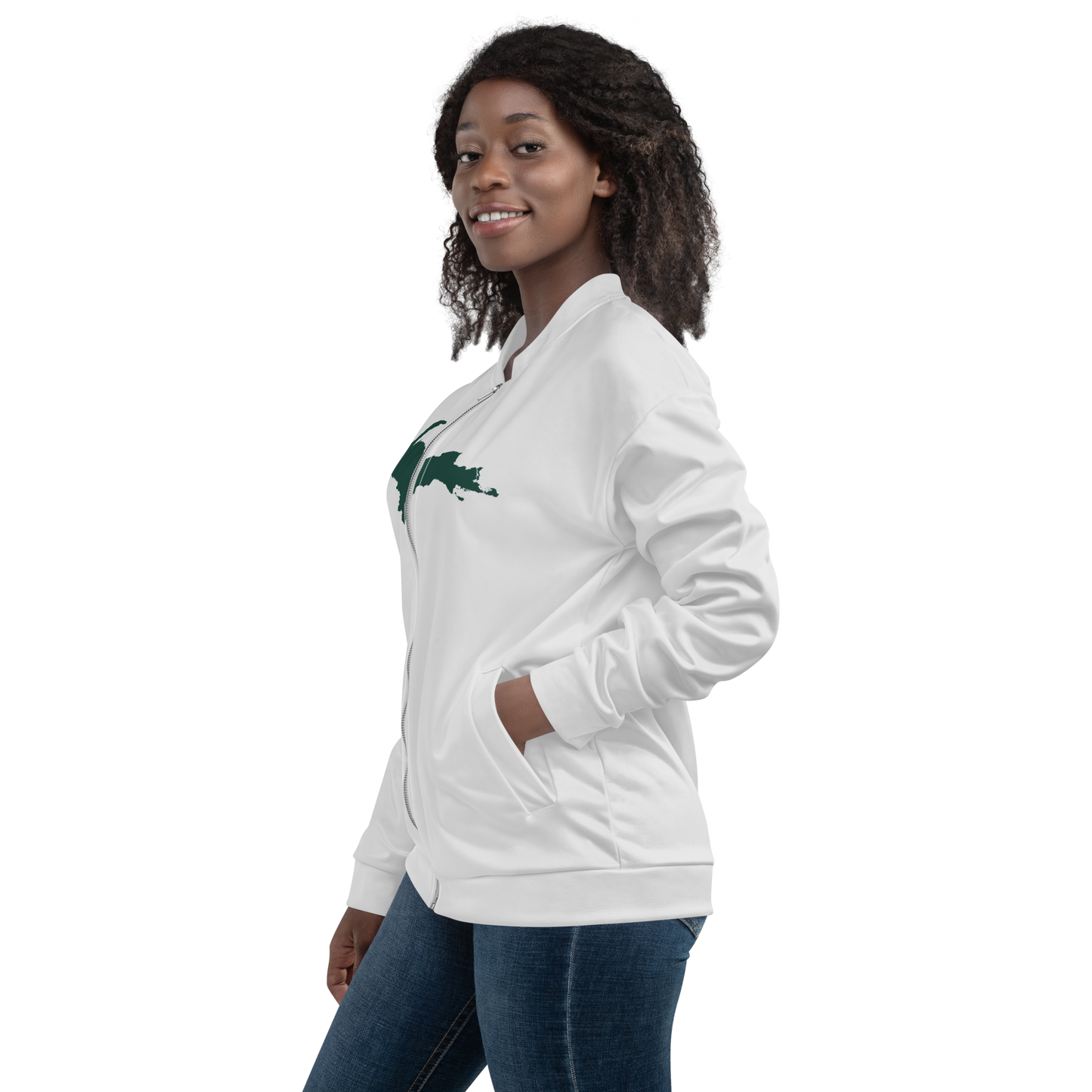 Michigan Upper Peninsula Bomber Jacket (w/ Large Green UP Outline) | Birch Bark White