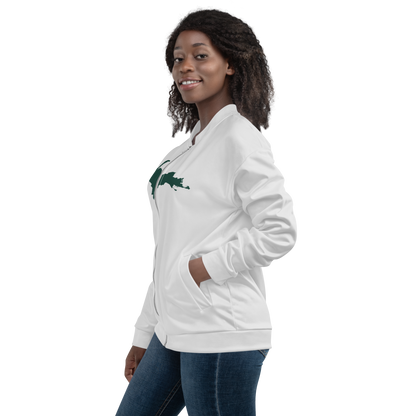 Michigan Upper Peninsula Bomber Jacket (w/ Large Green UP Outline) | Birch Bark White