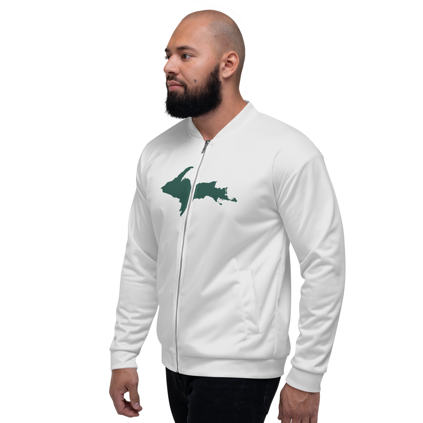 Michigan Upper Peninsula Bomber Jacket (w/ Large Green UP Outline) | Birch Bark White