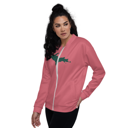 Michigan Upper Peninsula Bomber Jacket (w/ Large Green UP Outline) | Watermelon Pink