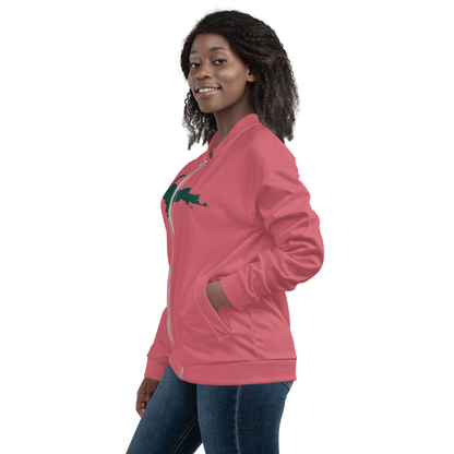 Michigan Upper Peninsula Bomber Jacket (w/ Large Green UP Outline) | Watermelon Pink