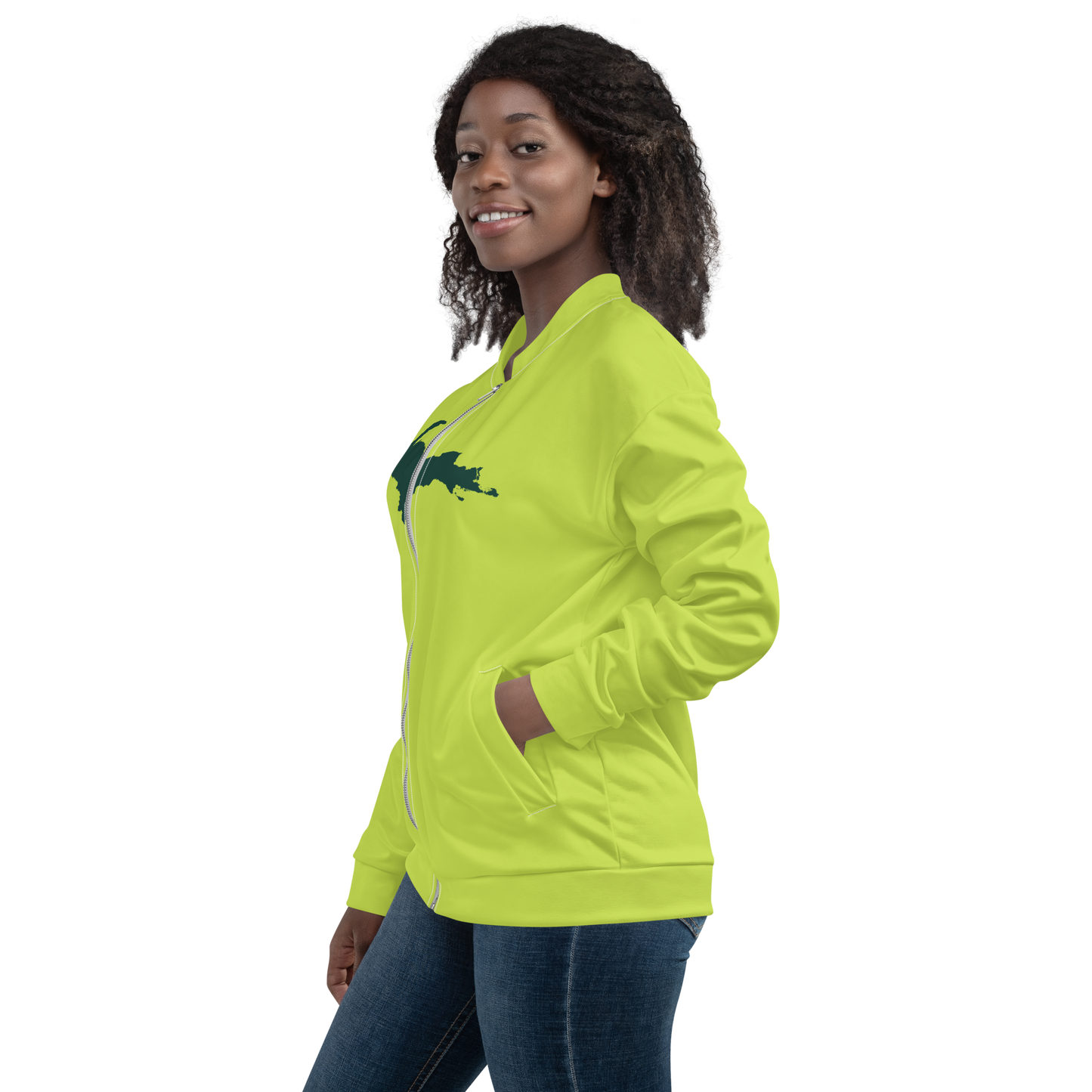 Michigan Upper Peninsula Bomber Jacket (w/ Large Green UP Outline) | Gooseberry Green