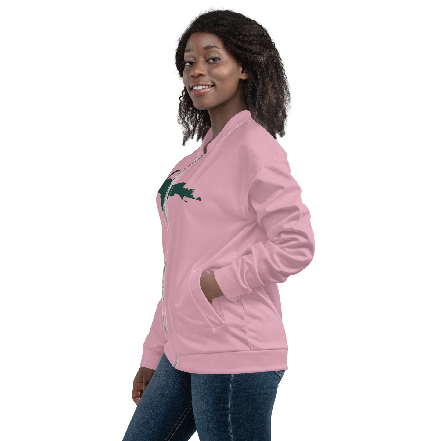 Michigan Upper Peninsula Bomber Jacket (w/ Large Green UP Outline) | Pink