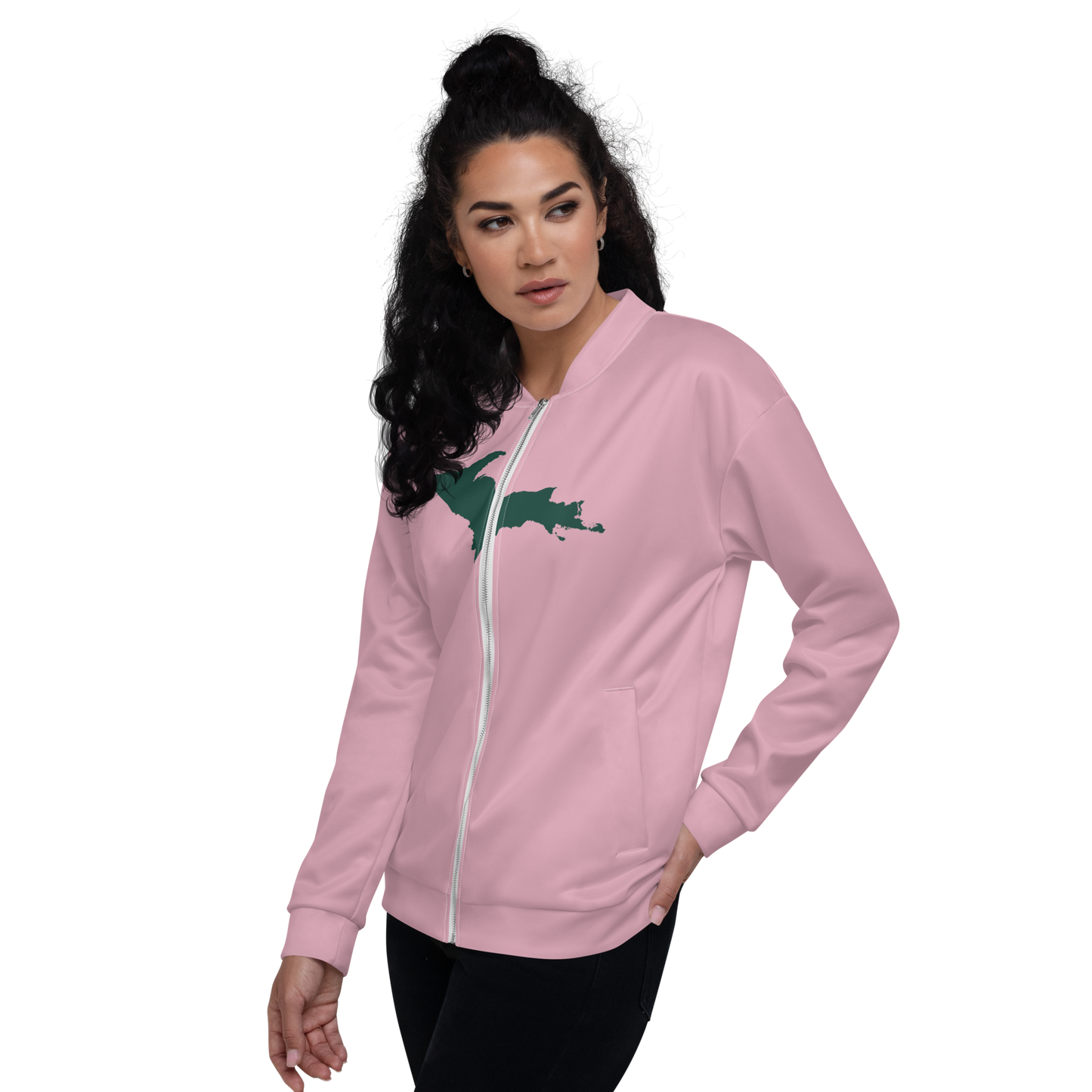 Michigan Upper Peninsula Bomber Jacket (w/ Large Green UP Outline) | Pink