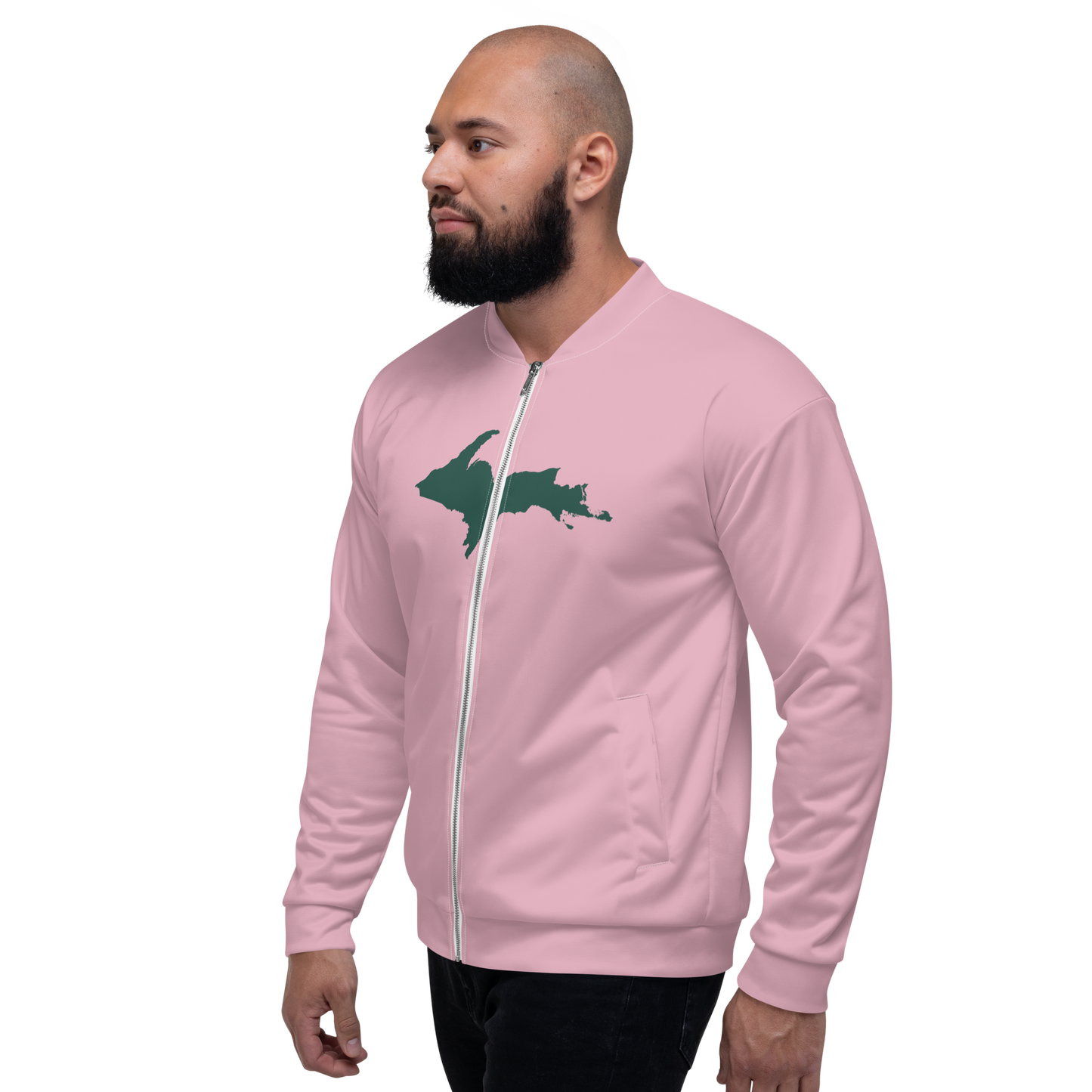 Michigan Upper Peninsula Bomber Jacket (w/ Large Green UP Outline) | Pink