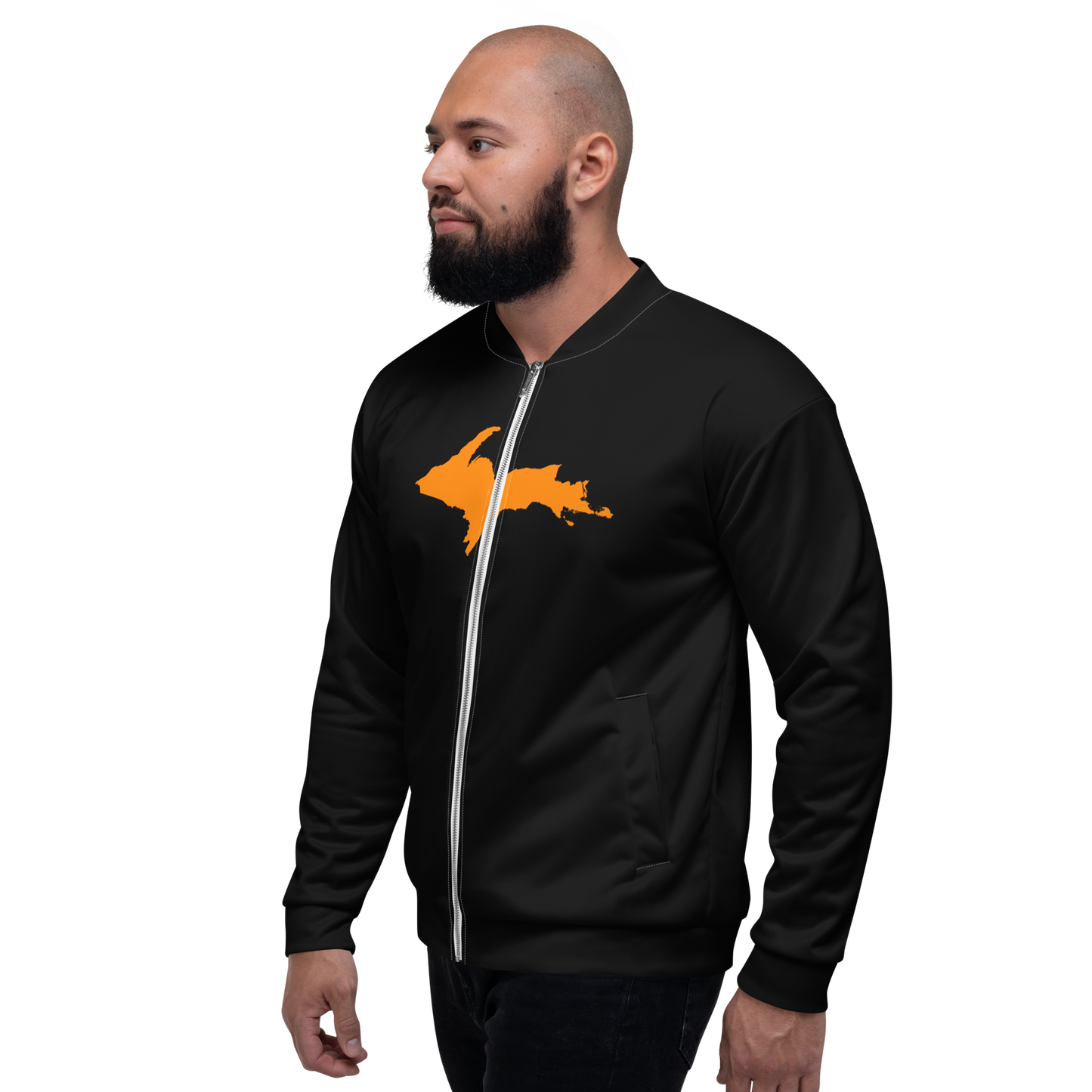 Michigan Upper Peninsula Bomber Jacket (w/ Large Orange UP Outline) | Black