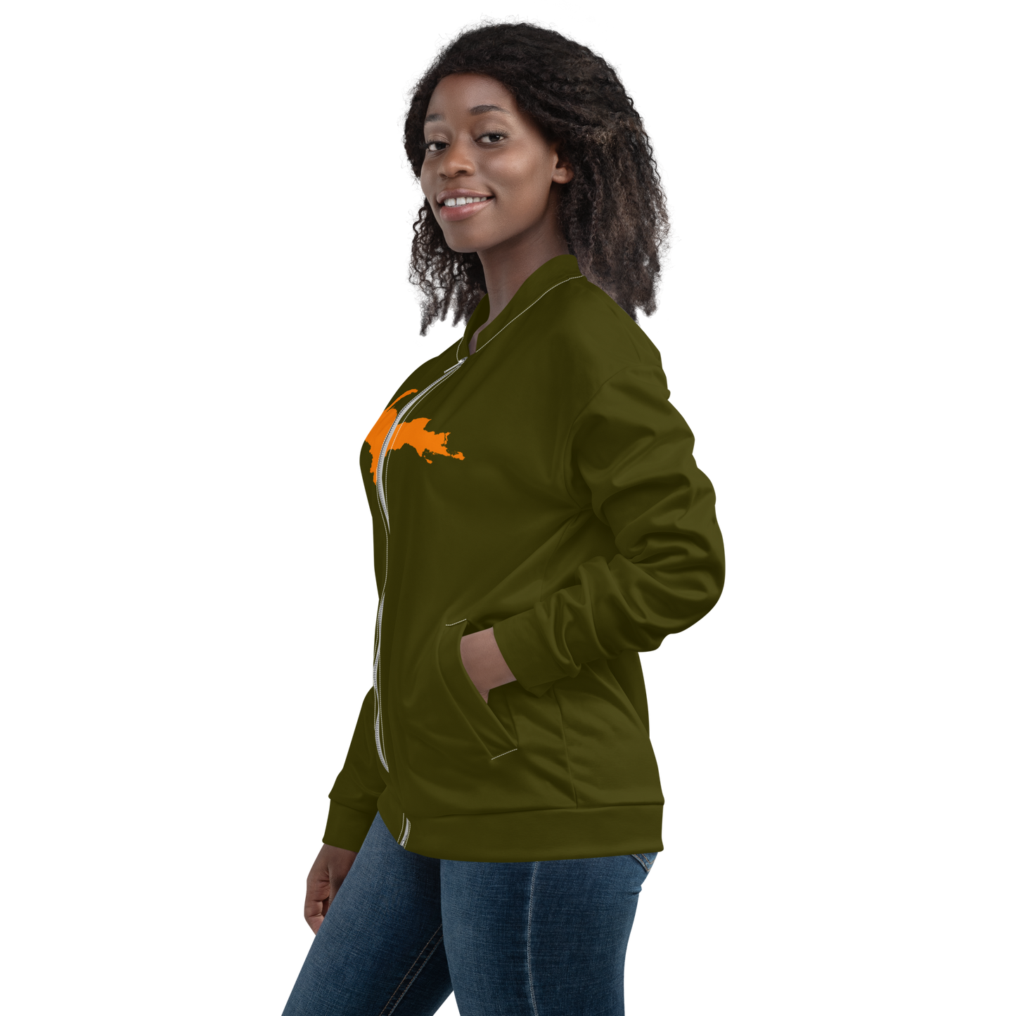 Michigan Upper Peninsula Bomber Jacket (w/ Large Orange UP Outline) | Military Green