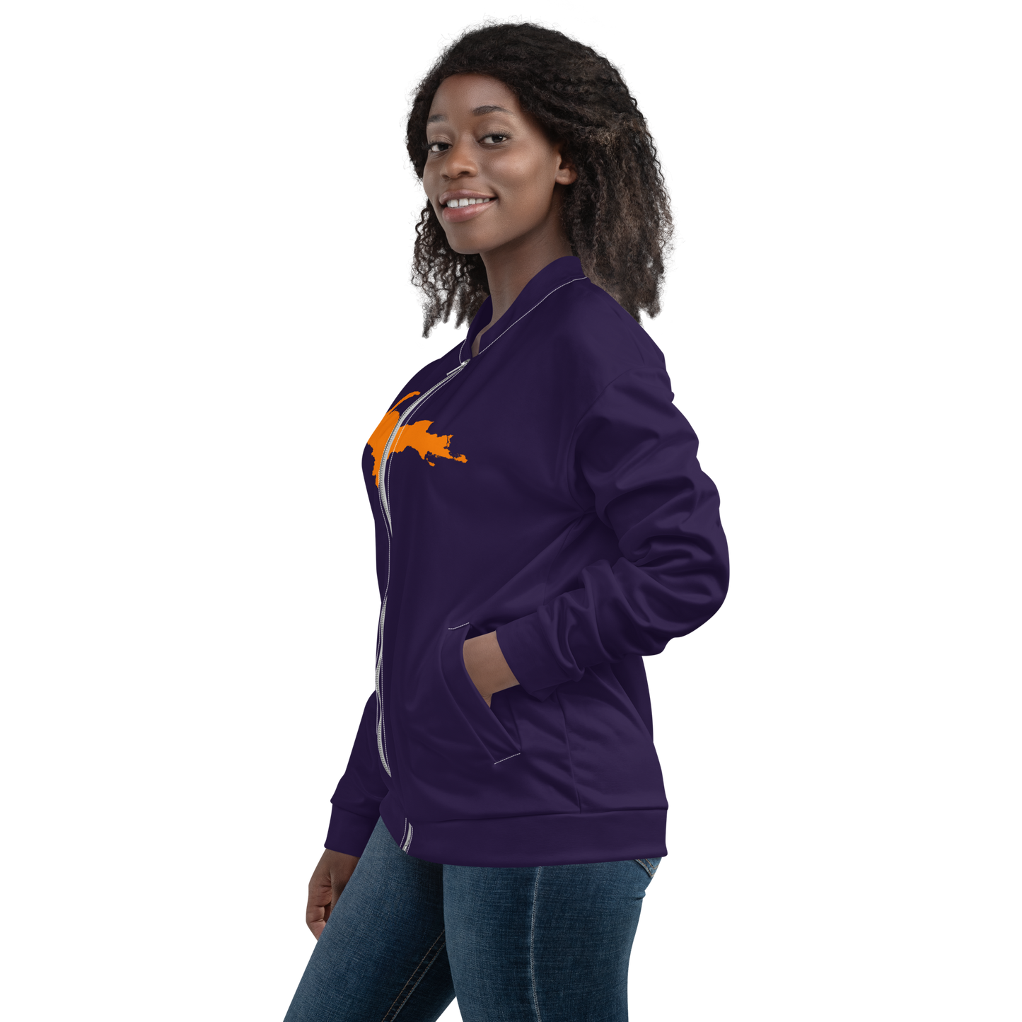 Michigan Upper Peninsula Bomber Jacket (w/ Large Orange UP Outline) | Blackcurrant Color