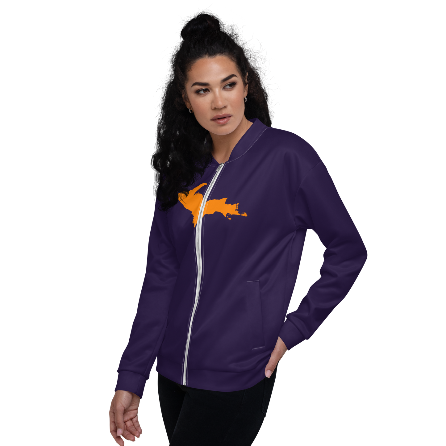 Michigan Upper Peninsula Bomber Jacket (w/ Large Orange UP Outline) | Blackcurrant Color