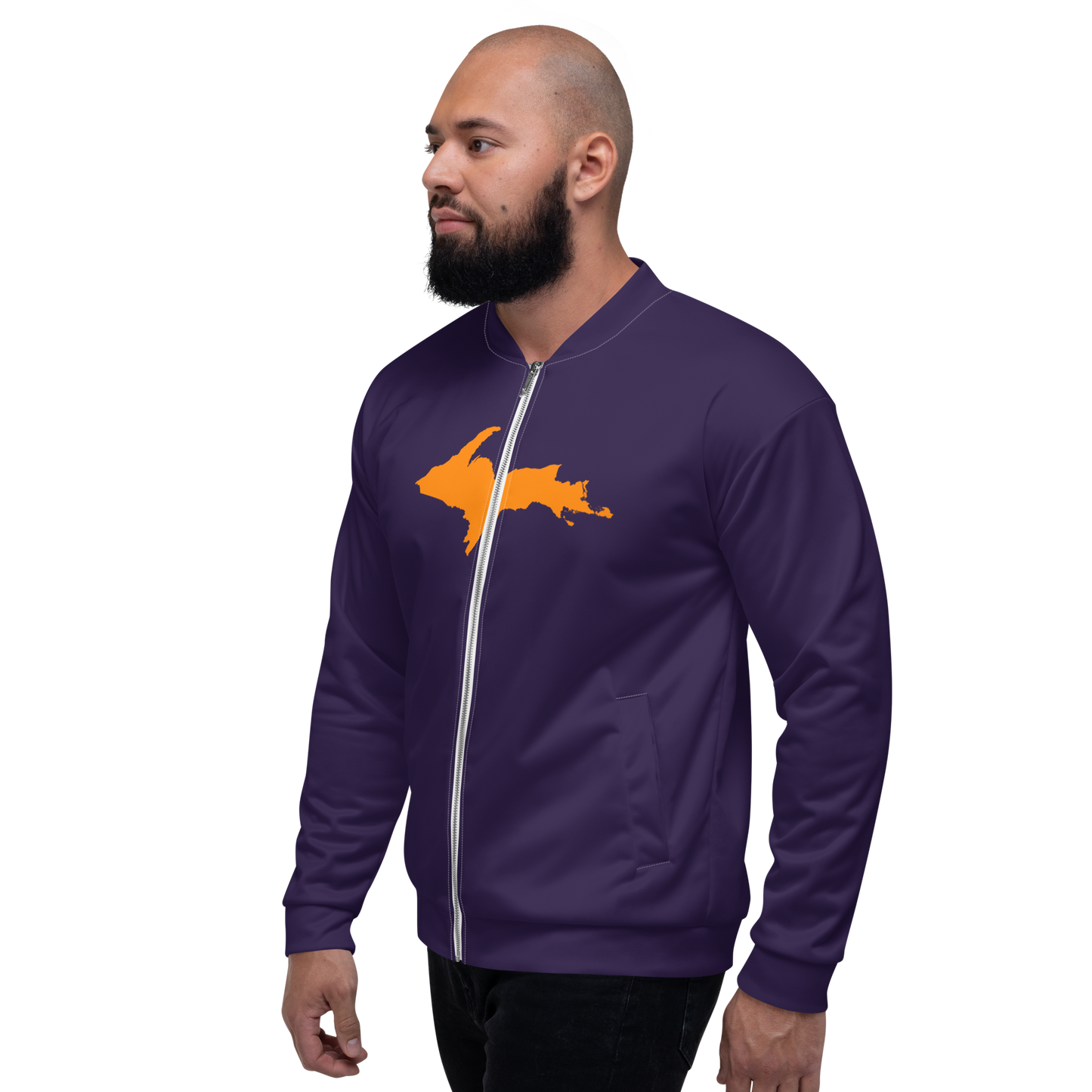 Michigan Upper Peninsula Bomber Jacket (w/ Large Orange UP Outline) | Blackcurrant Color