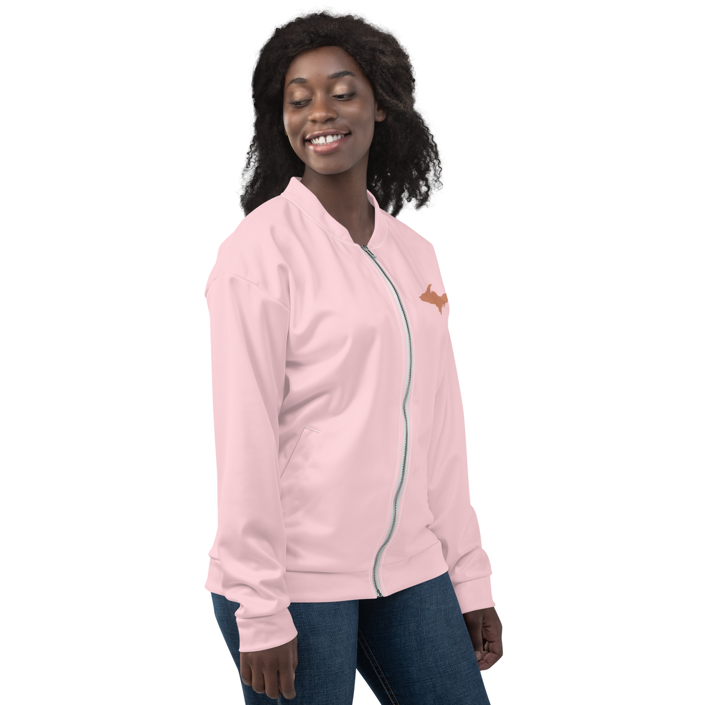 Michigan Upper Peninsula Bomber Jacket (w/ Copper UP Outline) | Pale Pink