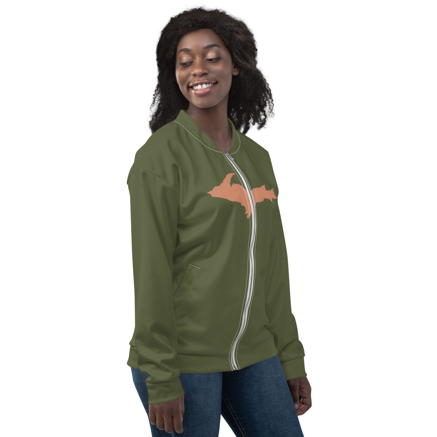 Michigan Upper Peninsula Bomber Jacket (w/ Large Copper UP Outline) | Army Green