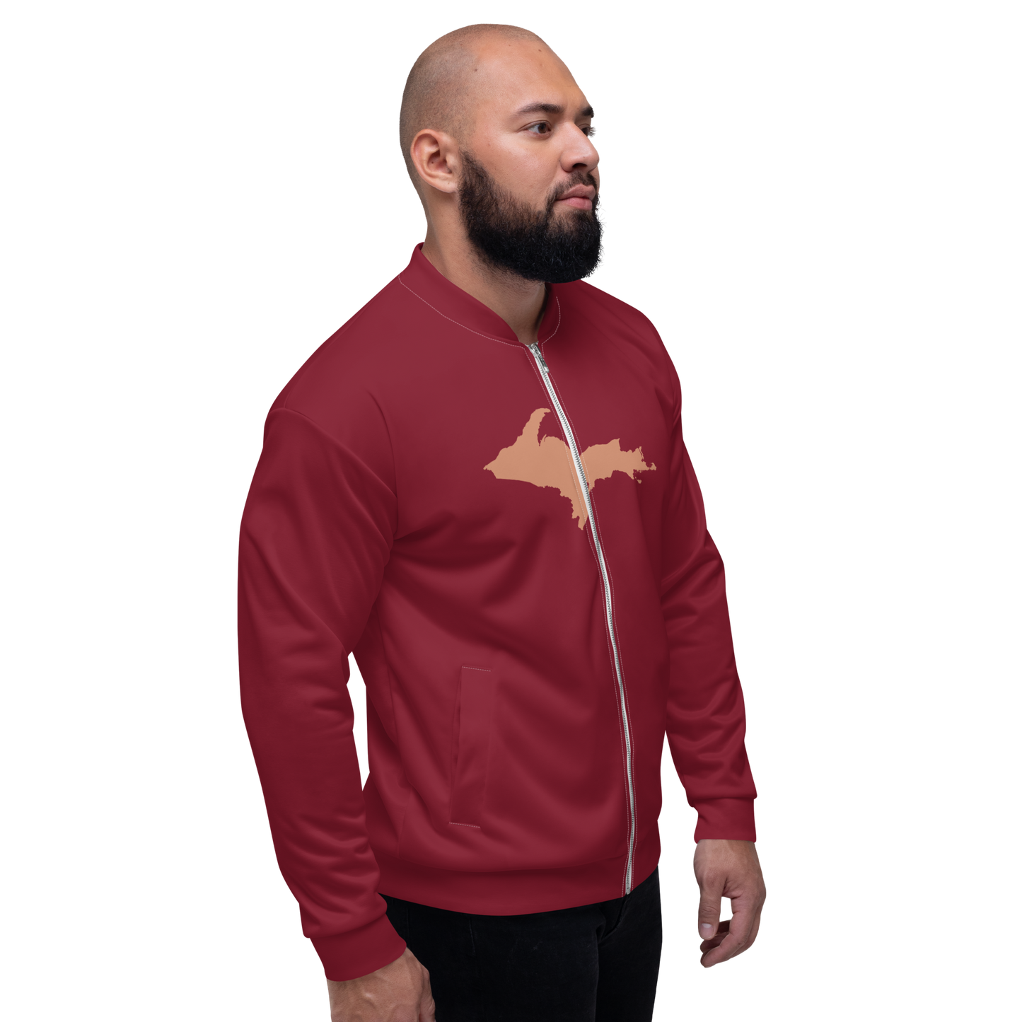 Michigan Upper Peninsula Bomber Jacket (w/ Large Copper UP Outline) | Burgandy