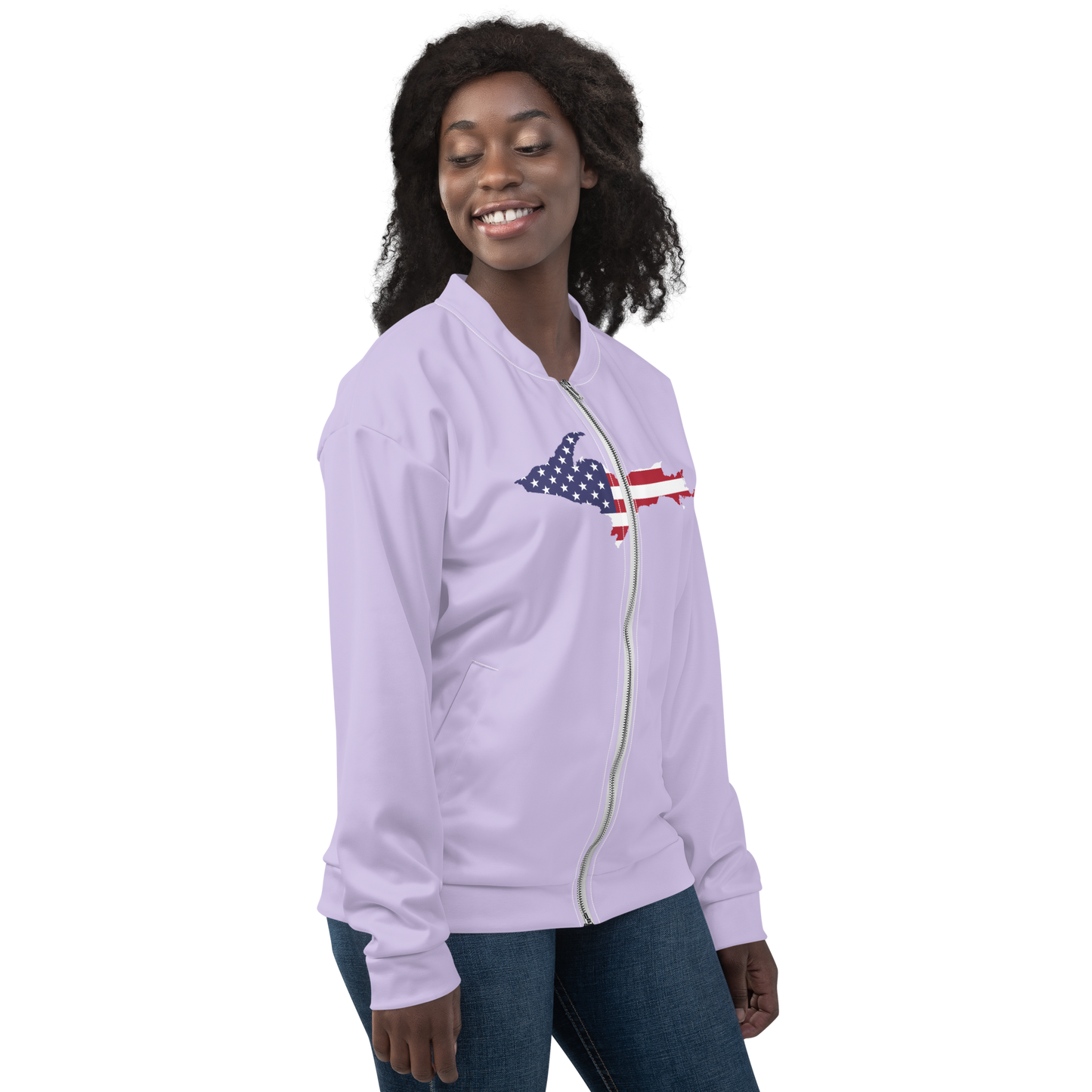 Michigan Upper Peninsula Bomber Jacket (w/ Large UP USA Flag Outline) | Lavender