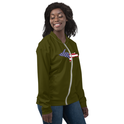 Michigan Upper Peninsula Bomber Jacket (w/ Large UP USA Flag Outline) | Military Green