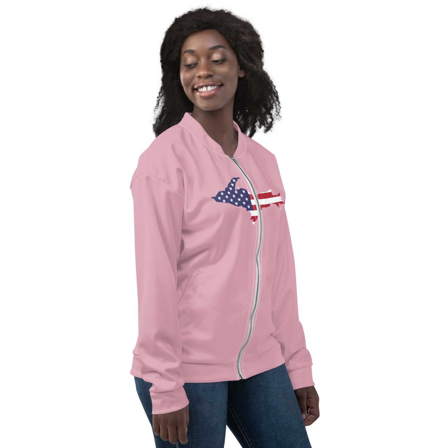 Michigan Upper Peninsula Bomber Jacket (w/ Large UP USA Flag Outline) | Pink