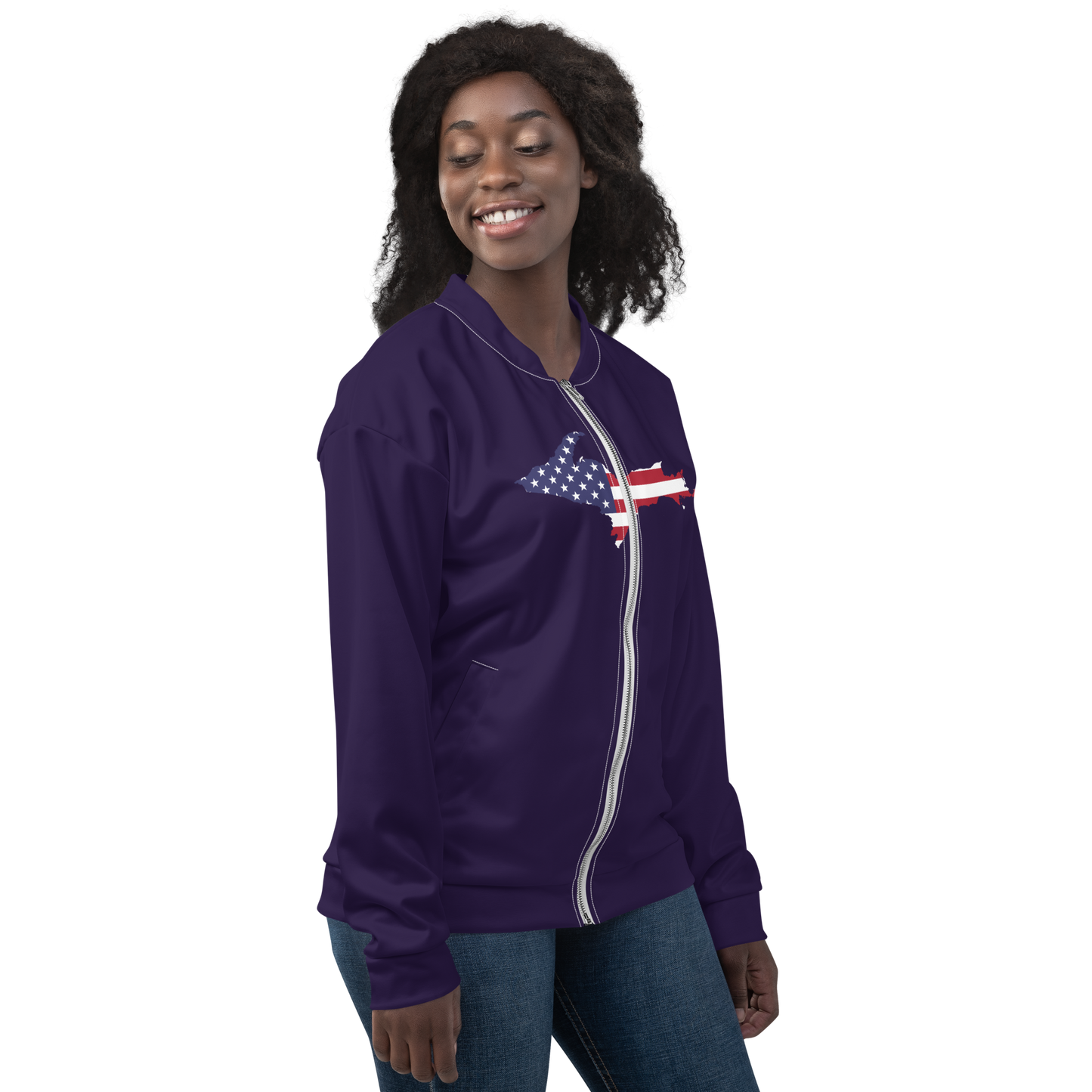 Michigan Upper Peninsula Bomber Jacket (w/ Large UP USA Flag Outline) | Blackcurrant Color