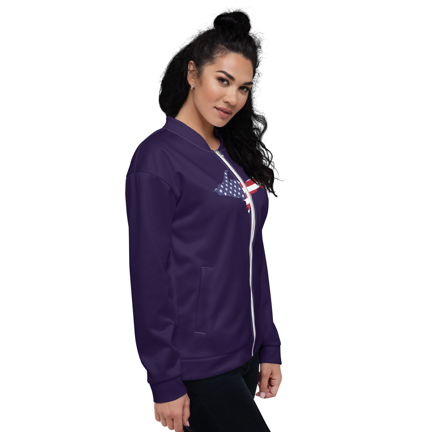 Michigan Upper Peninsula Bomber Jacket (w/ Large UP USA Flag Outline) | Blackcurrant Color