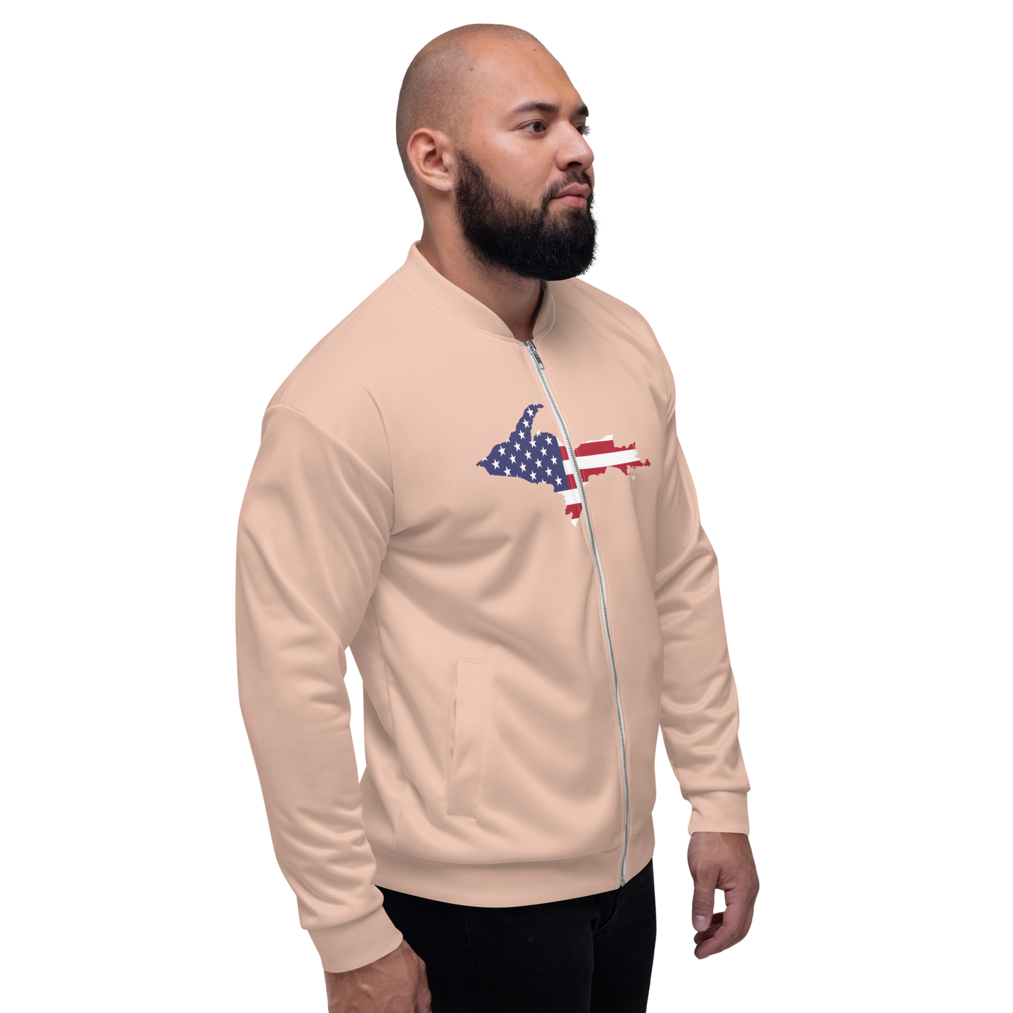 Michigan Upper Peninsula Bomber Jacket (w/ Large UP USA Flag Outline) | Zinnwaldite Pink