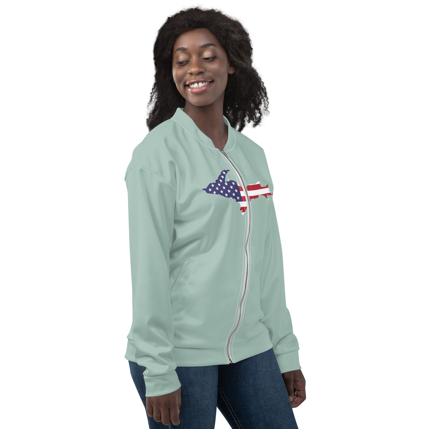 Michigan Upper Peninsula Bomber Jacket (w/ Large UP USA Flag Outline) | Opal Color