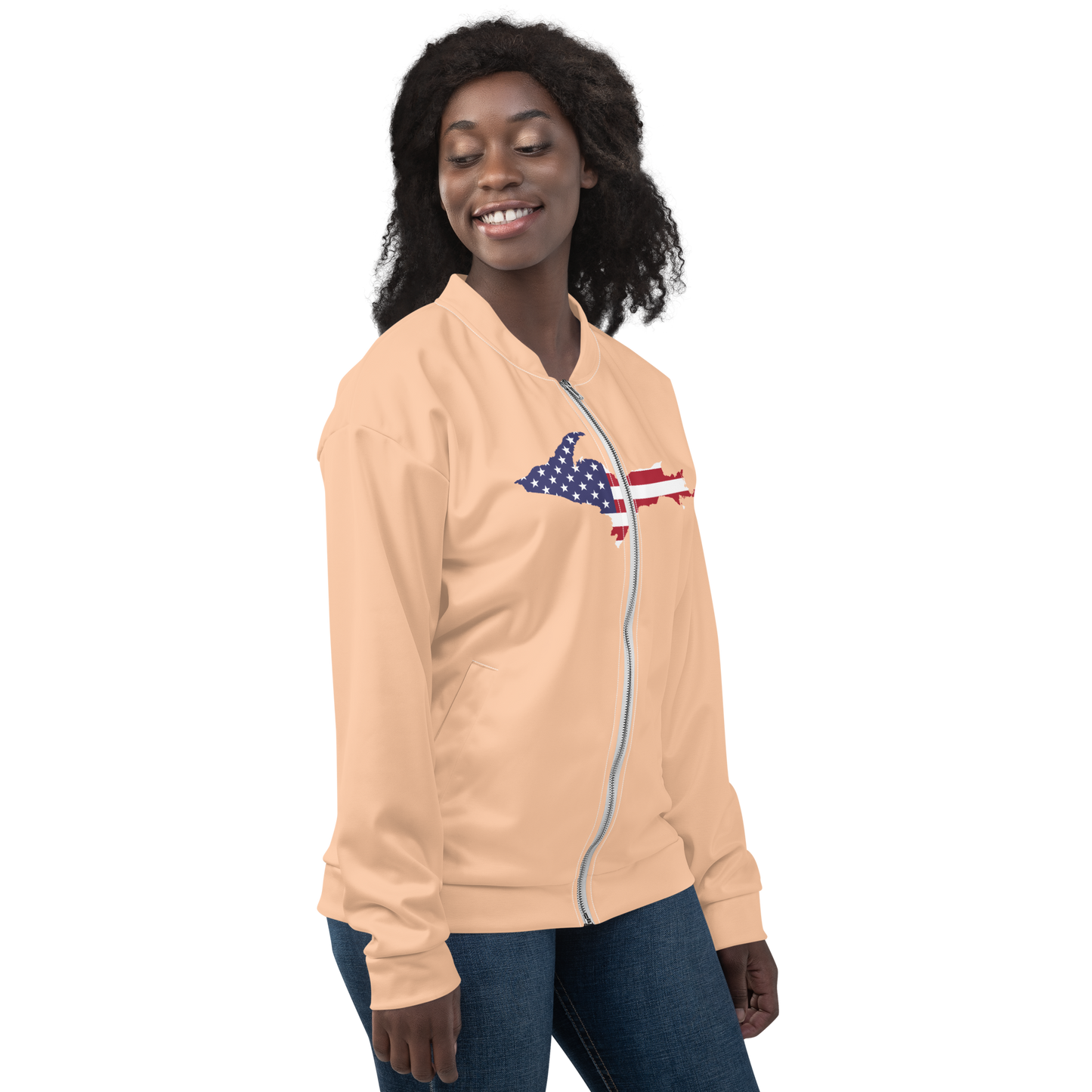 Michigan Upper Peninsula Bomber Jacket (w/ Large UP USA Flag Outline) | Peach Color