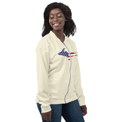 Michigan Upper Peninsula Bomber Jacket (w/ Large UP USA Flag Outline) | Ivory White