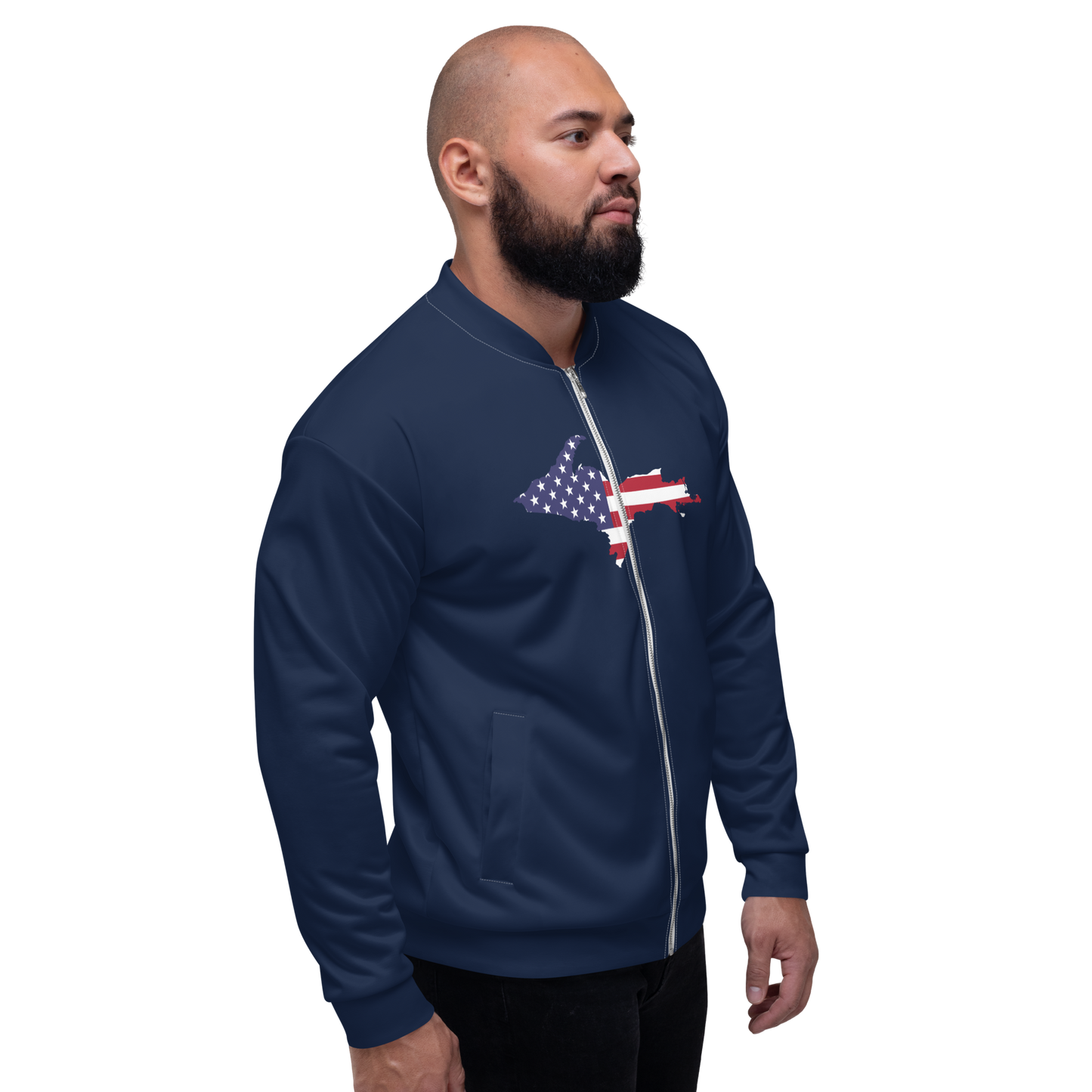 Michigan Upper Peninsula Bomber Jacket (w/ Large UP USA Flag Outline) | Navy