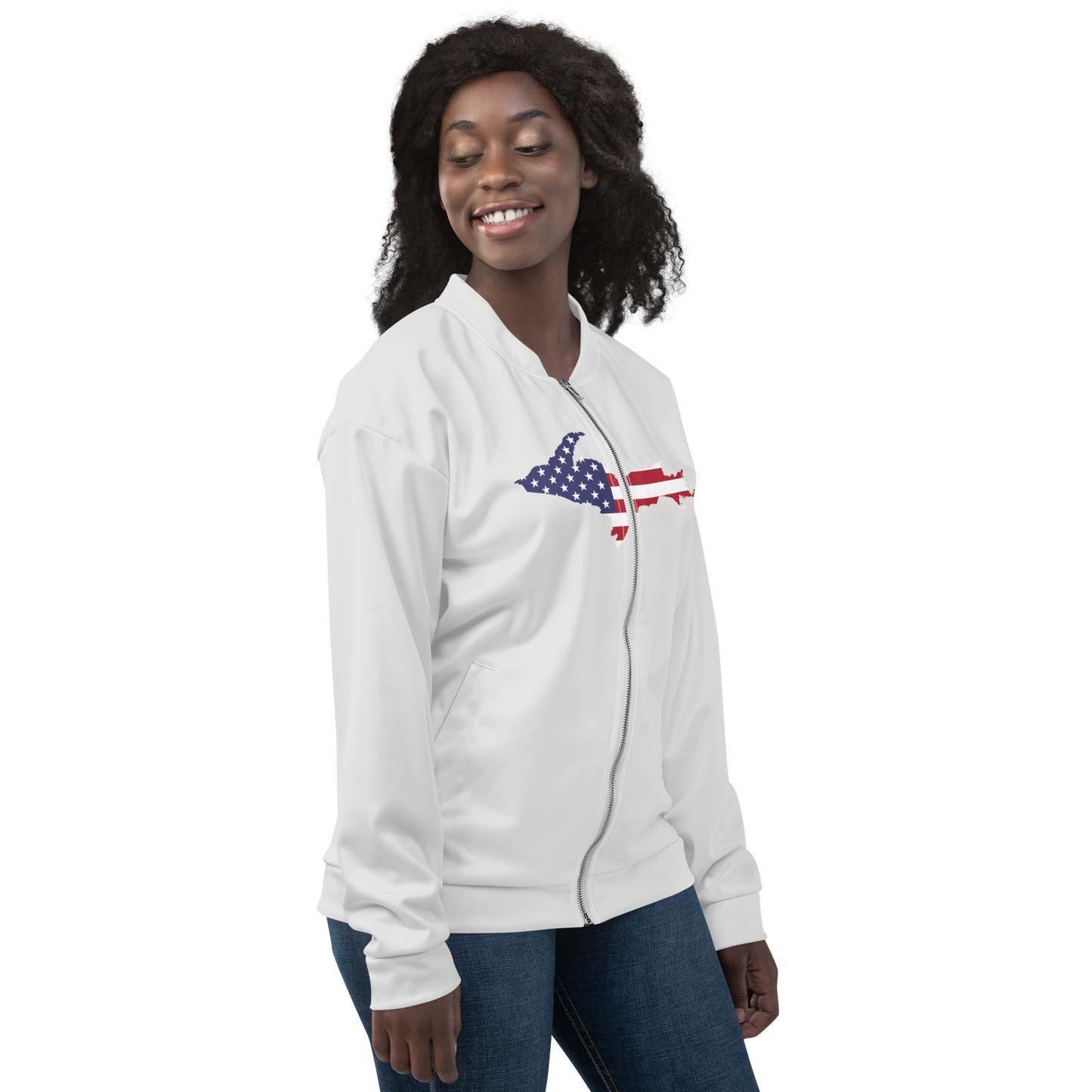 Michigan Upper Peninsula Bomber Jacket (w/ Large UP USA Flag Outline) | Birch Bark White